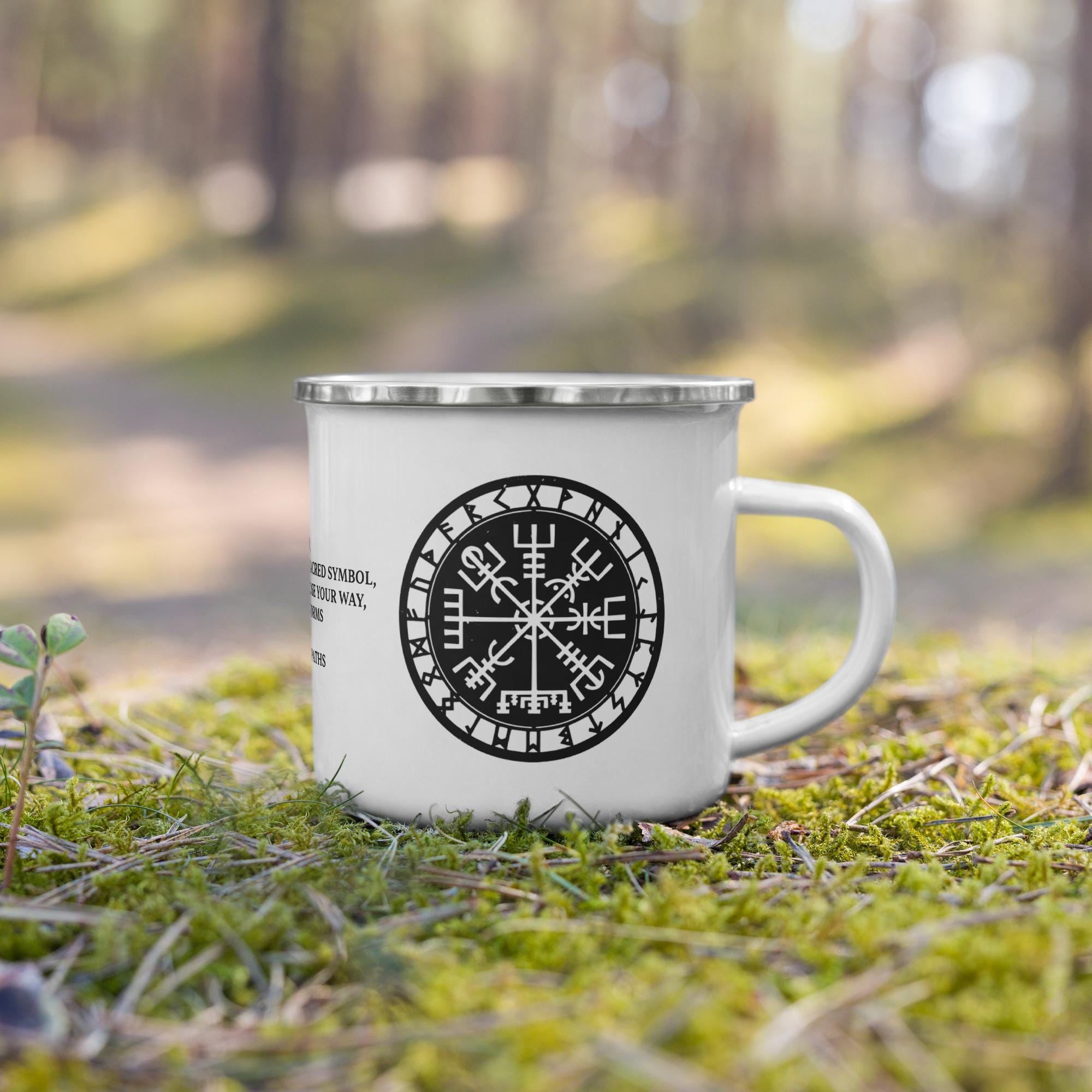 Mug Vegvisir personnalisé en émail : boussole viking, runes nordiques