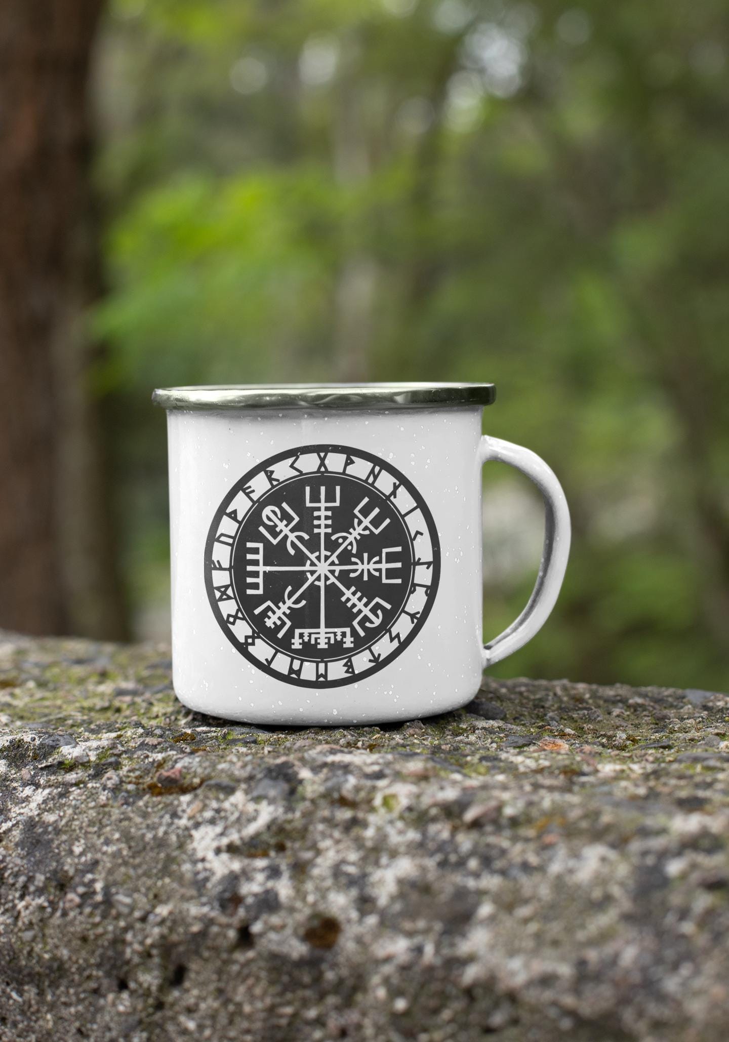 Vegvisir Compass, Personalized Enamel Mug, Dark Grey Worn Out Style, Viking Compass, Icelandic Compass, Runes, Nordic symbols, Magical symbo