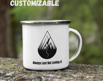 Personalized Enamel Mug - Minimalist Mountain & Water Drop Design - Perfect Camping Gift