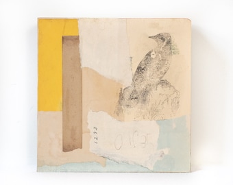 Original Bird Art Collage, Mixed Media, 6x6 art, Small Work Ready to Hang, Vintage Book Papers, Yellow, Blue, Cream Wall Art