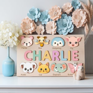 Custom Name Puzzle with Animals, Handmade Personalized Birthday Gift for Kids, Christmas Gift for Baby, Newborn Gift, First Birthday Gift