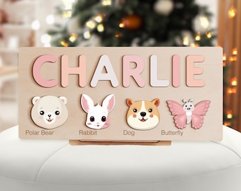 Handmade Custom Gift for Baby, 1st Birthday Gift, Personalized Wooden Animals Puzzle with Custom Name, 1st Christmas Gift, Baby Shower