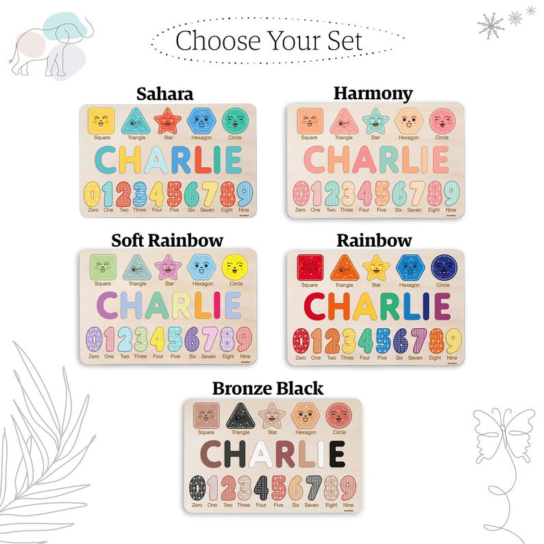 May include: Five wooden puzzle boards with different colour schemes and designs. Each board features a name, "CHARLIE", spelled out with colourful shapes, and numbers 0-9. The boards are labelled "Sahara", "Harmony", "Soft Rainbow", "Rainbow", and "Bronze Black".