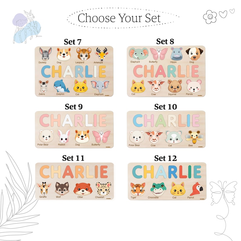 May include: A set of 12 wooden puzzle pieces featuring different animals. Each puzzle piece has a colorful animal face and the name of the animal written below. The name "CHARLIE" is spelled out in large letters at the top of each puzzle piece. The puzzle pieces are arranged in four rows of three pieces each. The puzzle pieces are on a white background.