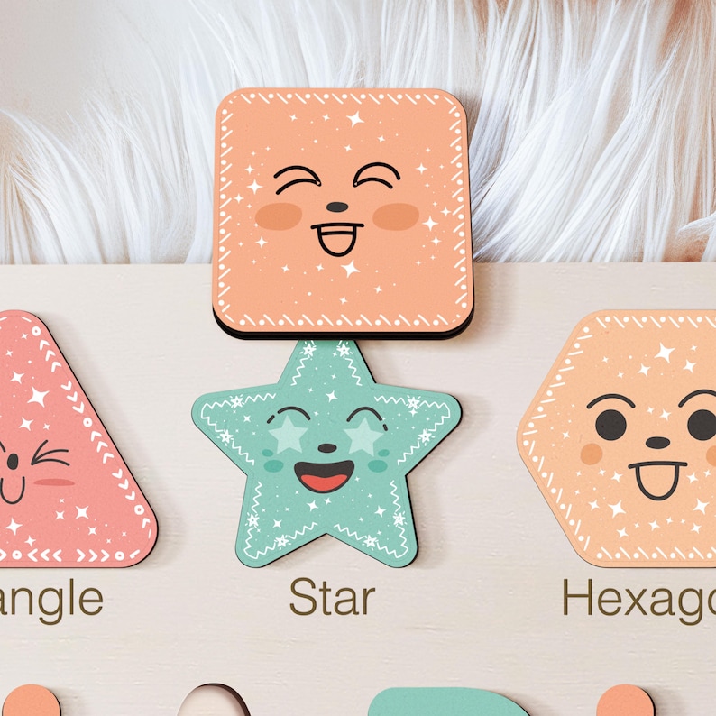 May include: A wooden educational toy featuring various shapes, each with a smiling face. The shapes include a triangle, square, star, and hexagon. The shapes are labelled with their names.