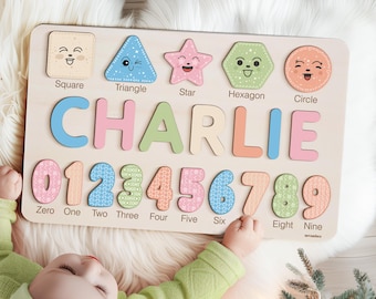 Personalized Busy Board with Name, Shapes and Numbers for Baby and Toddlers, Custom Themed Wooden Toy and Gift, 1st Birthday Gift, Christmas