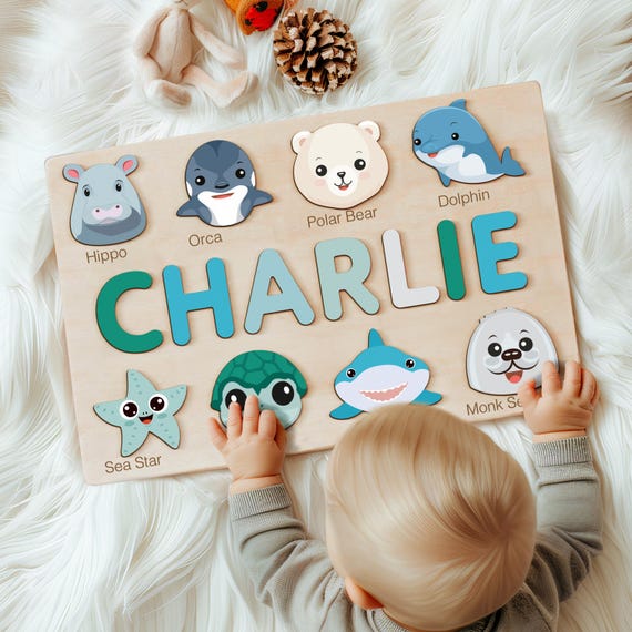 Animals Puzzle for Baby Girl and Boy, Handmade Custom Name Puzzle, Personalized Gifts for Baby, First Christmas Gift, Baby Gift