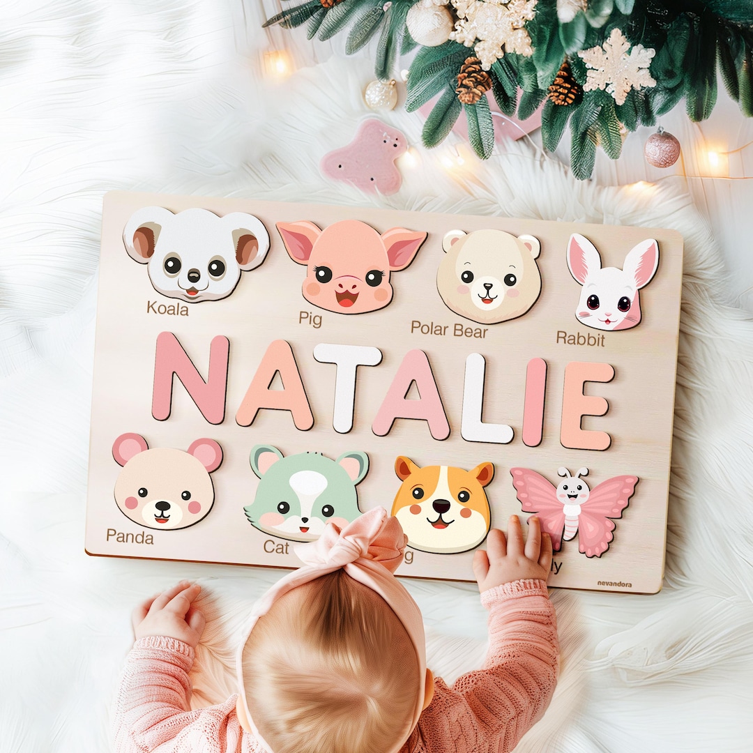 Personalized Handmade Baby Name Puzzle With Animals, Baby Girl Gift ...