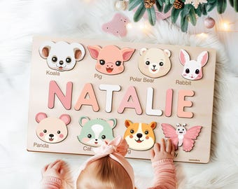 Personalized Handmade Baby Name Puzzle with Animals, Baby Girl Gift, Baby Boy Gift, Personalized Wooden Toys for Baby, Nursery Decor