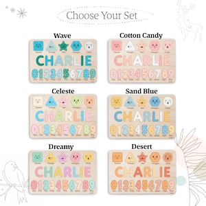 May include: A set of five wooden puzzle boards with different colour schemes. Each board features a name, "CHARLIE", numbers 0-9, and shapes with corresponding names. The colour schemes are Wave, Cotton Candy, Celeste, Sand Blue, and Dreamy.