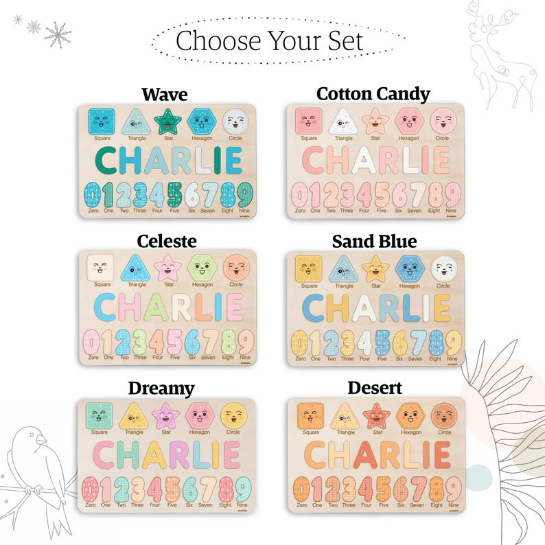 May include: A set of five wooden puzzle boards with different colour schemes. Each board features a name, "CHARLIE", numbers 0-9, and shapes with corresponding names. The colour schemes are Wave, Cotton Candy, Celeste, Sand Blue, and Dreamy.