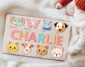 Custom Baby Name with Animals Puzzle, Personalized Name Puzzle, Baby Girl Gift, Baby Boy Gift, Handmade Wooden Christmas Gift for Kids