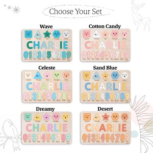 May include: A set of five wooden puzzle boards with different colour schemes. Each board features a name, "CHARLIE", and numbers 0-9. The boards are designed for children to learn shapes, numbers, and spelling.