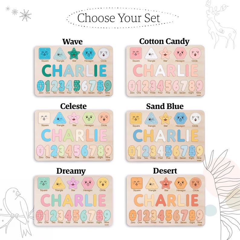 May include: A set of five wooden puzzle boards with different colour schemes. Each board features a name, "CHARLIE", and numbers 0-9. The boards are designed for children to learn shapes, numbers, and spelling.
