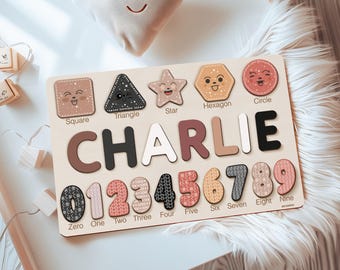 Personalized Name Puzzle with Shapes and Numbers, Custom Birthday Gift for Kids, Christmas Gifts for Toddler, Unique New Baby Gift, Wood Toy