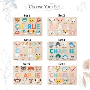 May include: Six sets of wooden puzzle pieces featuring different animal illustrations. Each set includes a name spelled out with puzzle pieces, such as "CHARLIE".