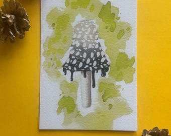 Cartolina acquerello con fungo Inkcap / Stampa botanica con illustrazione di fungo velenoso / Regalo per gli amanti dei funghi e per i viaggi
