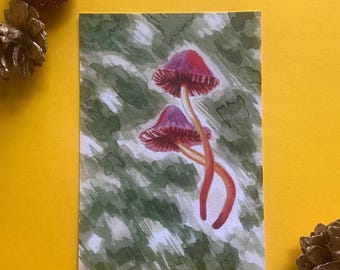 Acquerello di funghi, cartolina botanica della natura / Stampa artistica autunnale del bosco / Regalo per gli amanti dei funghi e per i viaggi