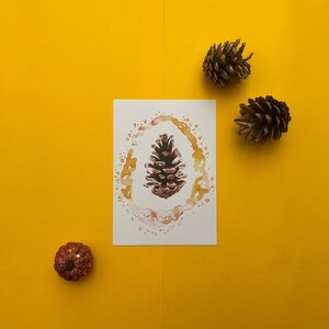 Impression d'automne Botanical Nature | postale aquarelle de pomme de pin | cadeau de pendaison de crémaillère | cadeau pour les amoureux de la nature et pour les voyages
