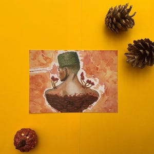 Ritratto surreale ispirato alla natura, cartolina con sfumatura verde / cartolina con uomo africano, stampa ad acquerello / regalo per giocatori e per viaggi