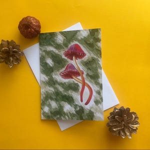 Aquarelle de champignon avec carte de voeux botanique nature fond vert | Cadeau pour les amateurs de champignons | Impression de champignons