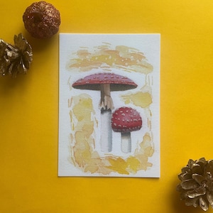 Carte postale sur l'agaric de mouche | Aquarelle de champignons psychédéliques champignon vénéneux rouge et blanc | Impression de champignons naturels | cadeau pour les amateurs de champignons