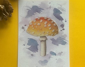 Cartolina botanica con giovane fungo agarico muscario / Stampa illustrata di un fungo acquerello naturale / Regalo per gli amanti dei funghi e per i viaggi