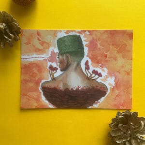 Cartão postal com retrato surreal inspirado na natureza, verde desbotado | Cartão postal com homem africano | Impressão em aquarela | presente para jogadores e para viagens