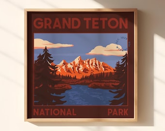 Grand Teton National Park Digital Art Print, Vintage Inspired Travel Poster, Landscape Wall Art, Instant Download