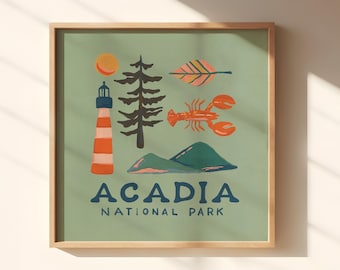 Acadia National Park Digital Square Print, Coastal Maine Decor, Living Room Art, Landscape Wall Art, Illustration, Instant Download