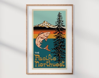 Pacific Northwest Vintage Mountain Print, Instant Digital Download, Retro-Inspired Wall Art