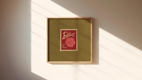 Portland Oregon City of Roses Stamp Print, Vintage Inspired, Living Room Art, Green and Pink Wall Art, Rose Illustration, Instant Download
