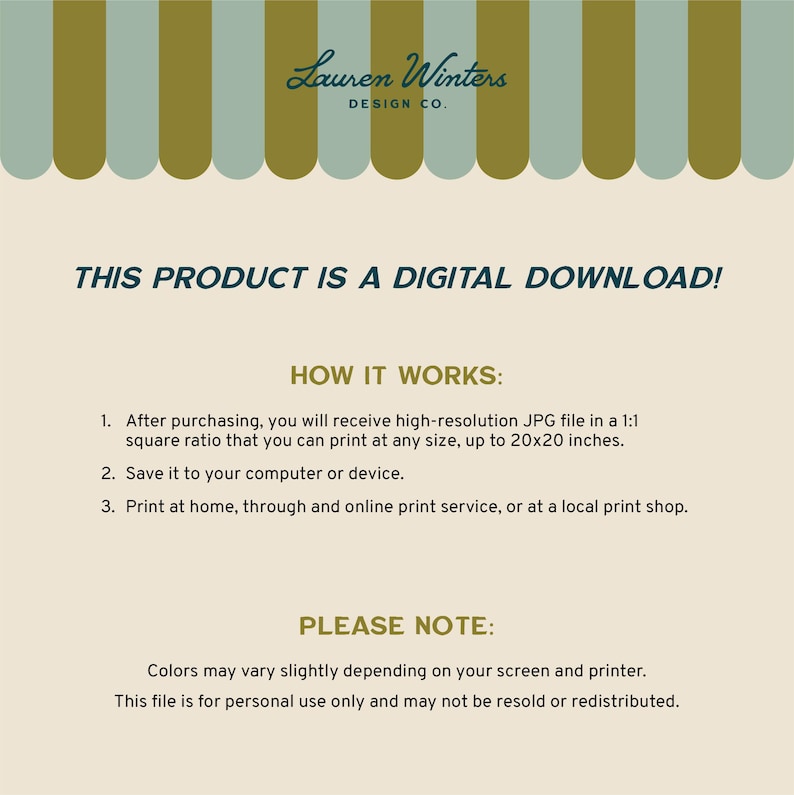 May include: A digital download product announcement with text. The design features a light beige background with text in teal and dark green. The top of the image has a decorative border. The text includes instructions and a note about personal use.