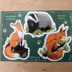 Feuille d'autocollants animaux de la forêt, 3 autocollants, renard, blaireau, écureuil roux