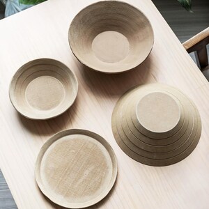 以下が含まれることがあります： マットで質感のあるベージュの陶器製食器4点セット。浅いボウル2つ、平皿1枚、そして底面の外側に同心円状の隆起が見えるように逆さまに置かれたボウル1つで構成されており、全体的に落ち着いた色合いのセットです。
