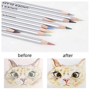 May include: A set of silver-barreled underglaze pencils with various colored leads, each labeled with the text UNDER GLAZE. Below, two illustrations of a cat face are shown side-by-side, labeled before and after, demonstrating the color transformation.