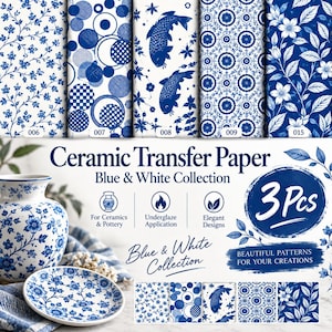 May include: Ceramic transfer paper in a blue and white collection featuring five distinct patterns: floral vines, geometric circles, koi fish, circular medallions, and leafy botanical prints. The set includes 3 pieces for underglaze application.