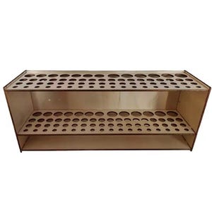 May include: A light brown wooden organizer with multiple circular holes for storage. The organizer has two shelves and a top row of holes. The wood has a natural finish. The organizer is designed to hold various items.