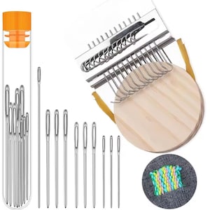 May include: A collection of sewing tools, including a clear tube with orange cap filled with needles, a needle threader, and a wooden embroidery hoop. A small sample of colorful embroidery is also shown.