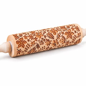 Rodillo con relieve floral, rodillo de madera grabado para galletas, diseño de fresa, hojas y flores, herramienta para hornear y repostería, rodillo para textura de arcilla.