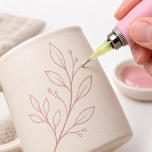 May include: A beige ceramic mug featuring a raised pink botanical design of leaves and berries. A pink precision applicator tool is applying a small dot of pink paint to the end of a stem on the mug surface, with a small dish of pink paint nearby.