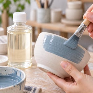 May include: A light-colored ceramic bowl being painted with a wide brush using dusty blue paint. A clear plastic bottle with a white cap stands nearby, and a small bowl containing the same blue paint is visible in the foreground.
