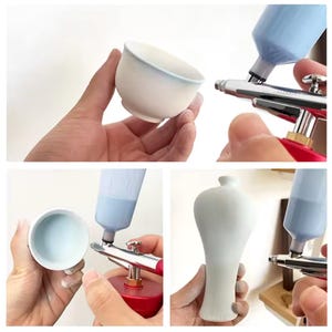 May include: Images showing the process of applying paint to ceramic items with an airbrush. A small bowl and a vase are being painted. The airbrush is connected to a blue paint container, and the items are being painted with a light blue colour.