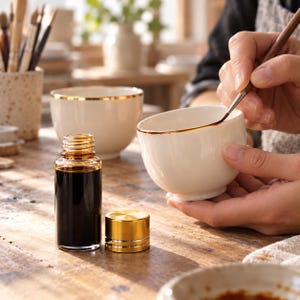 May include: A small glass bottle filled with dark brown liquid, a separate metallic gold cap, and a white ceramic bowl with a gold-painted rim. A thin paintbrush is applying the dark liquid to the edge of the ceramic bowl.