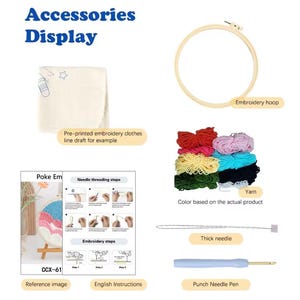May include: An assortment of embroidery supplies, including an embroidery hoop, colorful yarn, a thick needle, and a punch needle pen. The image also shows pre-printed embroidery clothes and a reference image with English instructions.