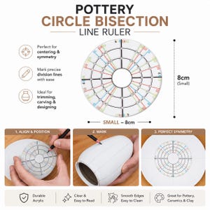 May include: A circular white pottery circle bisection line ruler measuring 8cm in diameter. The tool features black, blue, red, and green radial lines with numerical markings for precise division, centering, and symmetry on ceramic pieces.