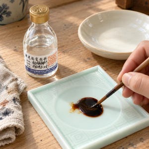 May include: A clear glass bottle with a gold cap containing liquid, a square light green ceramic palette with a circular center, and a thin wooden paintbrush mixing a dark brown pigment. The bottle label features Chinese text and a QR code.