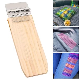 May include: A wooden weaving loom with a metal top and hooks. The loom is rectangular with a light wood grain. Additional images show examples of woven patches on denim, including colorful cross-stitch designs.