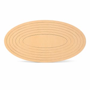 May include: A light tan wooden object featuring a series of nested oval shapes. The design consists of multiple concentric oval cutouts arranged within a larger oval frame, creating a layered appearance with smooth, clean edges and a flat surface.