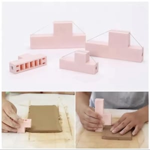 May include: A set of light pink T-shaped clay cutters with thin metal wires attached to the top edges. These tools are used for slicing through flat slabs of clay, featuring a blocky design with one cutter showing a series of rectangular openings.